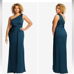 Dessy Collection One-Shoulder Draped Twist Empire Waist Satin Blue Maxi Dress